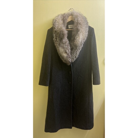 Vtg Cathy-Jo Black Coat  100%Wool  Oversized Long Fur Trim collar Made In USA - Picture 1 of 7